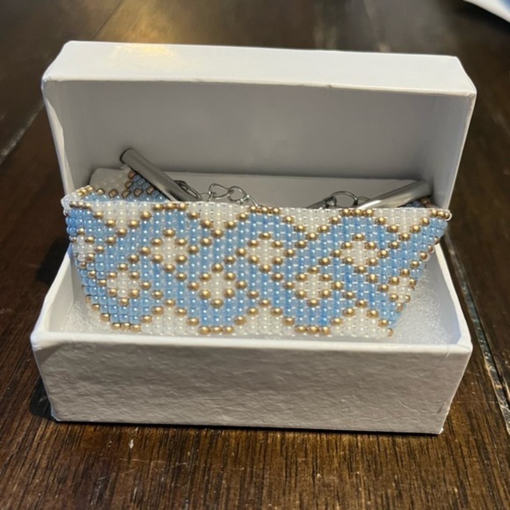 Light blue gold white seed bead loom bracelet adjustable with metal clasp